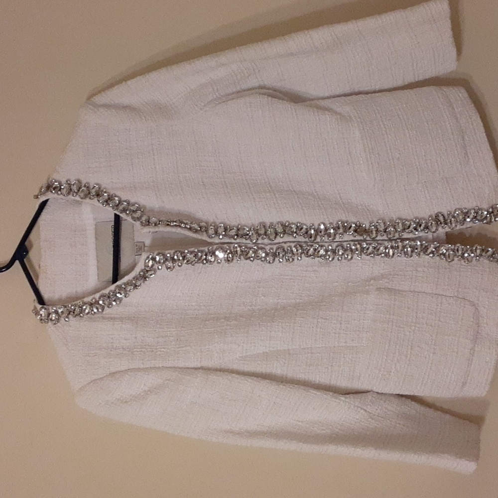 Boston Proper White Tweed Jacket with Silver Sequin Trim